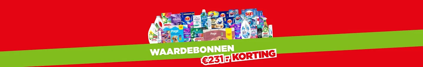 Waardebonnen aanbiedingen van deze week, met producten zoals Ariel en Page.