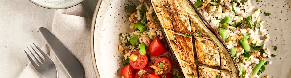 Geroosterde aubergines met Midden-Oosterse kruidenrijst
