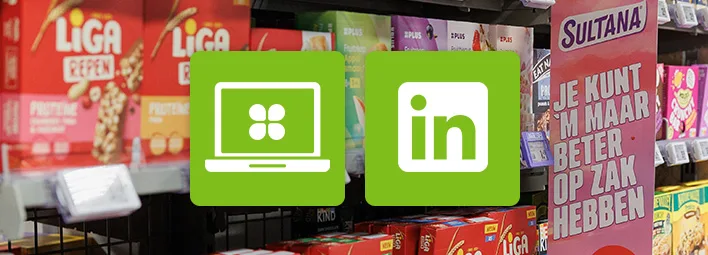 PLUS winkel met logo's LinkedIn en e-mail.