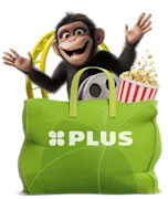Groene PLUS-tas gevuld met een filmrol, popcorn en een vrolijk aapje, met op de achtergrond een gele achtbaan.