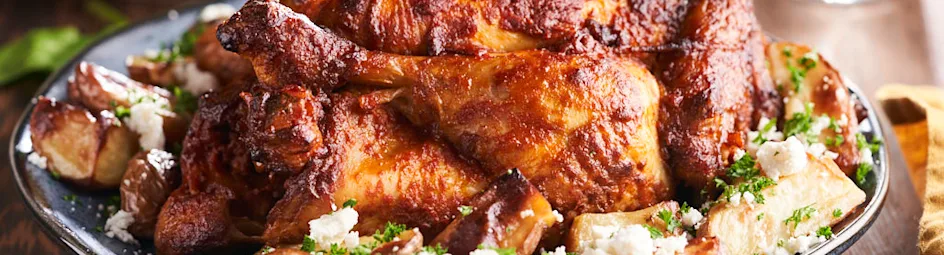 Geroosterde kip met feta aardappeltjes en spinaziesalade