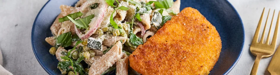 Volkoren pasta met spinazie, erwtjes, courgette en Valess Milner