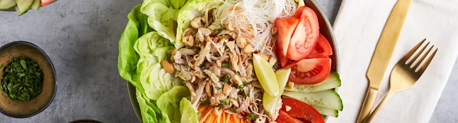 Vietnamese noedelsalade met geplukte kip