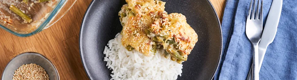 Vegetarische sperziebonengratin met rijst