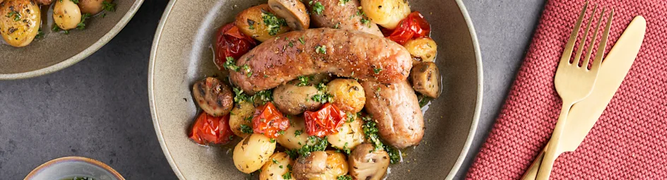 Geroosterde krieltjes met worst en champignons