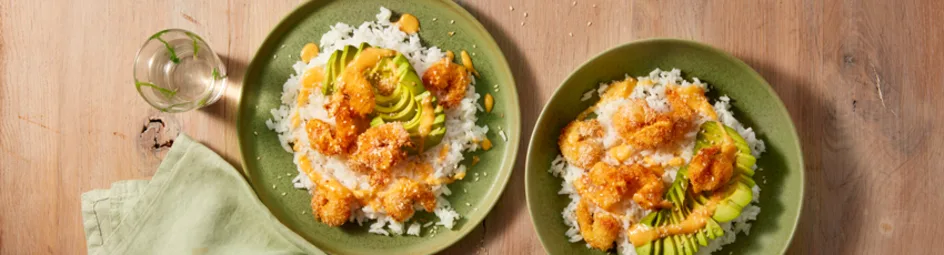 Kokos garnalen in sriracha saus met rijst