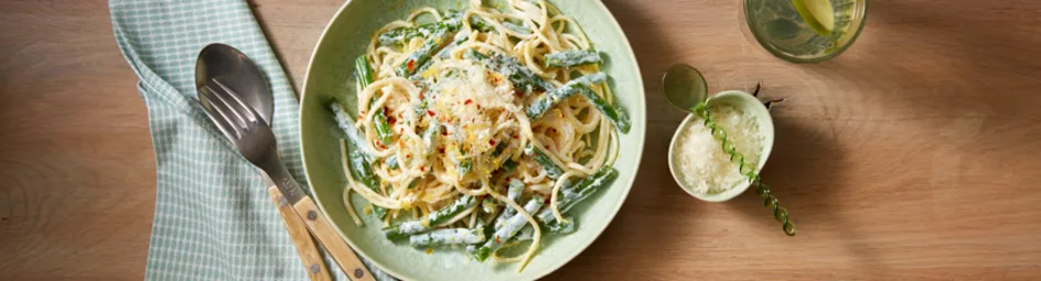Ricotta-citroen spaghetti met sperziebonen