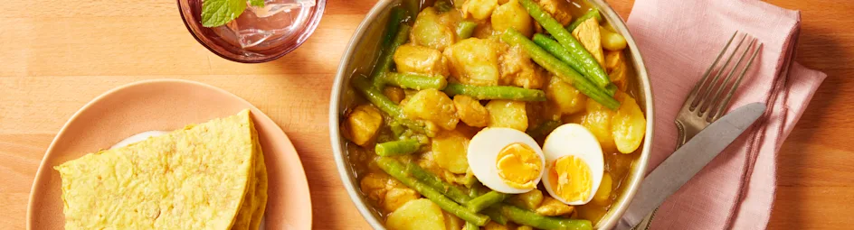 Roti met kip, aardappels en sperziebonen