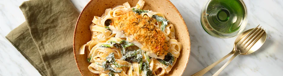 Tagliatelle met krokante kabeljauw