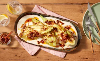 Gepofte aubergine met een snelle chili olie