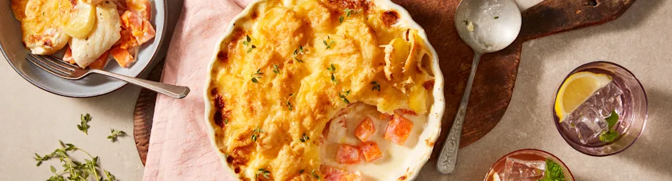 Aardappel pompoengratin met kabeljauw
