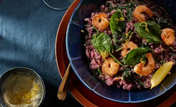 Risotto met spinazie, citroenmascarpone en garnalen