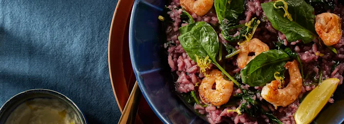 Risotto met spinazie, citroenmascarpone en garnalen