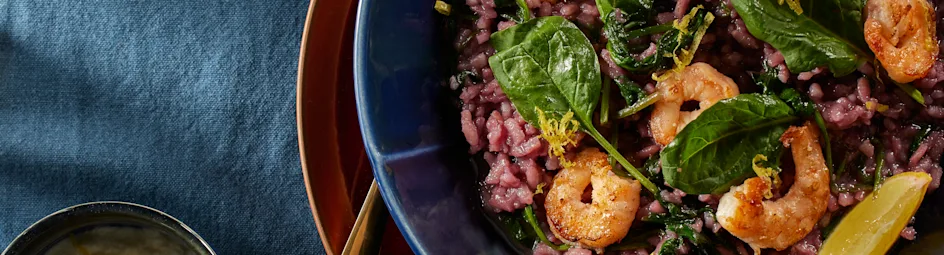 Risotto met spinazie, citroenmascarpone en garnalen