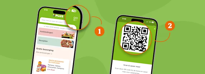 Visuele uitleg van het sparen met de PLUS app voor digitale PLUSpunten en spaarzegels.