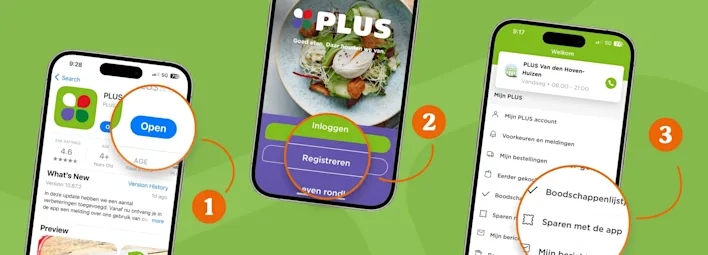 Stap 1, 2 en 3 van sparen met de PLUS app visueel uitgelegd.