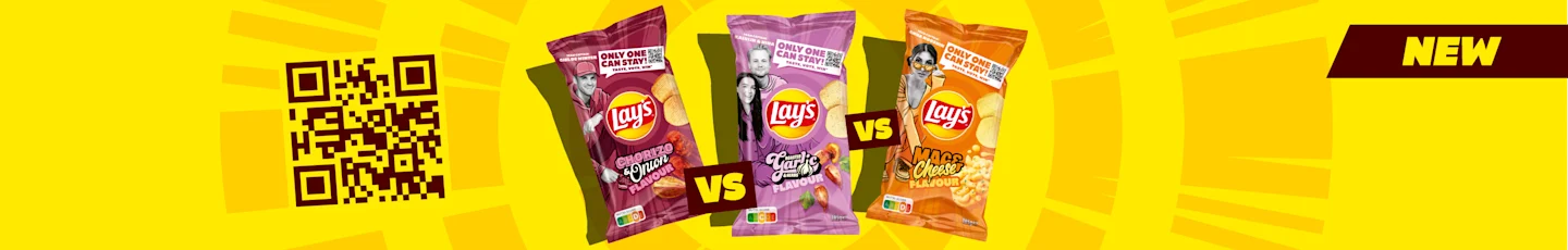 De drie nieuwe smaken van Lays: chorizo onion, garlic en mac & cheese.