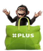 Groene PLUS-tas gevuld met een vrolijk aapje.