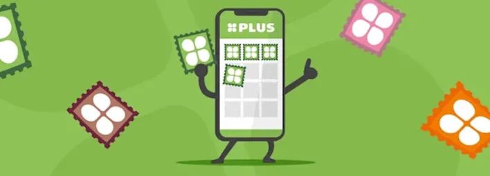 Smartphone PLUS-logo en armpjes en beentjes, met zegels.