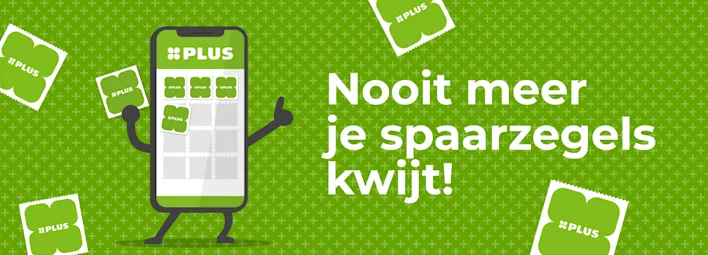 Smartphone PLUS-logo en armpjes en beentjes, met zegels.