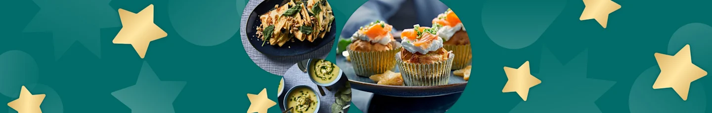 Kerstlunch- en brunchrecepten van flensjes met spinazie en truffelbrie, bloemkoolsoep met truffelcroutons en zalmmuffins met dille.