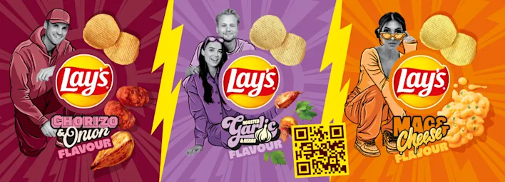 De drie nieuwe smaken van Lays: chorizo onion, garlic en mac & cheese.