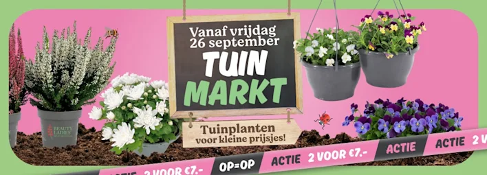 Tuinmarkt beeld met verschillende potten planten vanaf vrijdag 26 september.