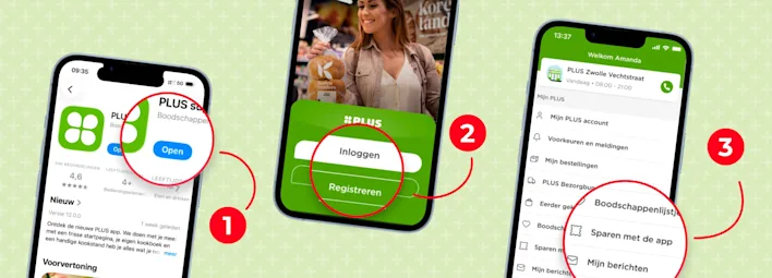 Stap 1, 2 en 3 van sparen met de PLUS app visueel uitgelegd.