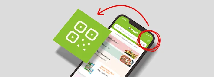 Telefoon met beeld van de PLUS app, met inzoom op de QR-code