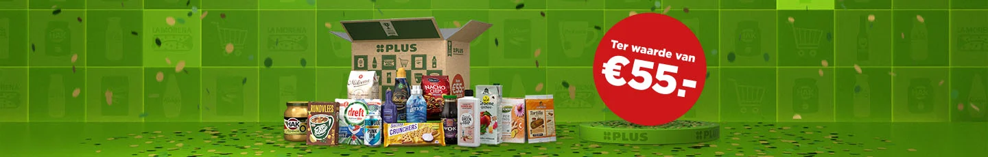 Alle producten uit het PLUS boodschappenpakket, ter waarde van 55 euro.