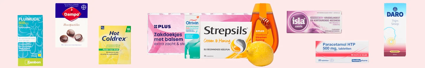 Zelfzorg producten van PLUS, waaronder Fluimucil bruistabletten, hoestpastilles, Hot Coldrex sachets, balsemzakdoekjes, zoutoplossing van Otrivin, Strepsils, honing, Isla keelpastilles, paracetamol en thijmsiroop.