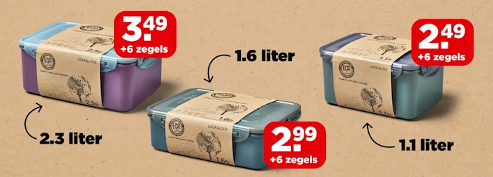 Spaarbakjes van de LocknLock spaaractie van PLUS. Drie formaten vershouddozen met inhoud en prijs: 2,3 liter voor 3,49 + 6 zegels, 1,6 liter voor 2,99 + 6 zegels, en 1,1 liter voor 2,49 + 6 zegels.
