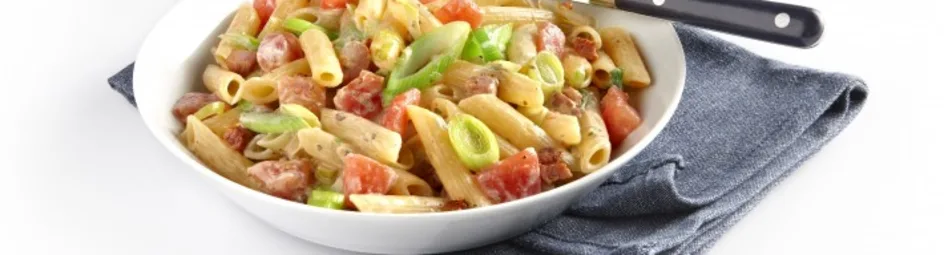 Pasta met spekjes en prei