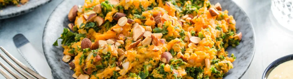 Zoete-aardappel boerenkoolstamppot met spekjes