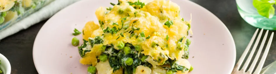 Gnocchi met doperwten, spinazie en graskaas uit de oven