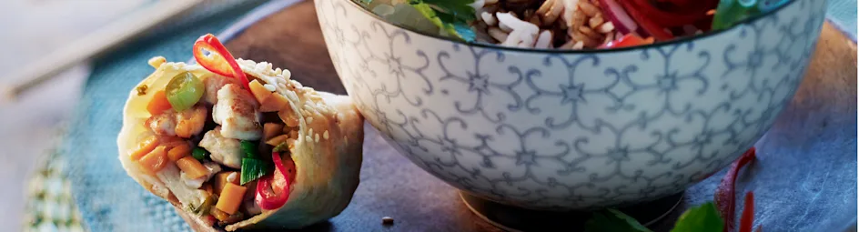 Loempia van filodeeg met kip en zoete aardappel