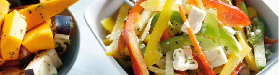 Aubergine en pompoen met feta en pistache