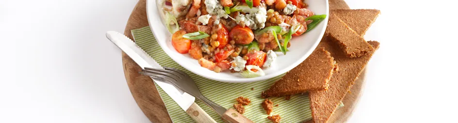 Linzensalade met spekjes en gorgonzola