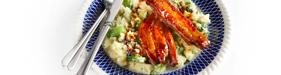 Bleekselderijstamppot met zoete speklapjes