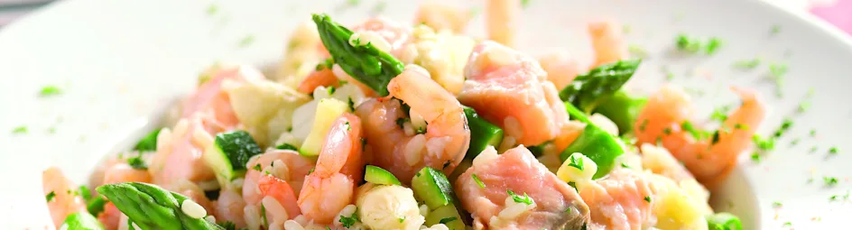 Risotto met asperges, zalm en garnalen