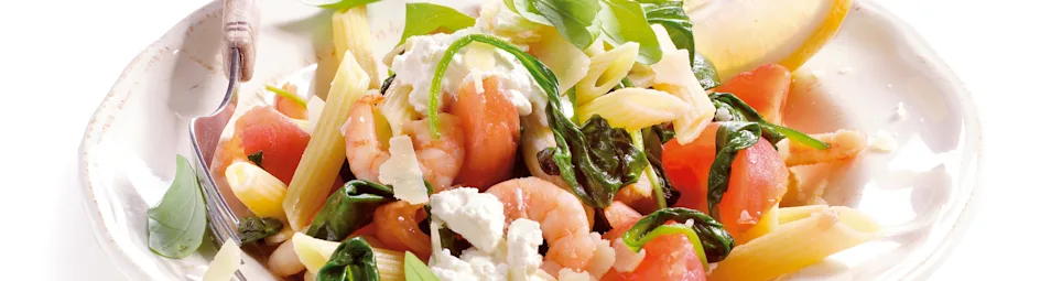 Penne met garnalen en spinazie
