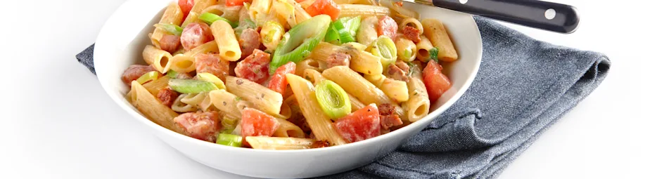 Pasta met spekjes en prei