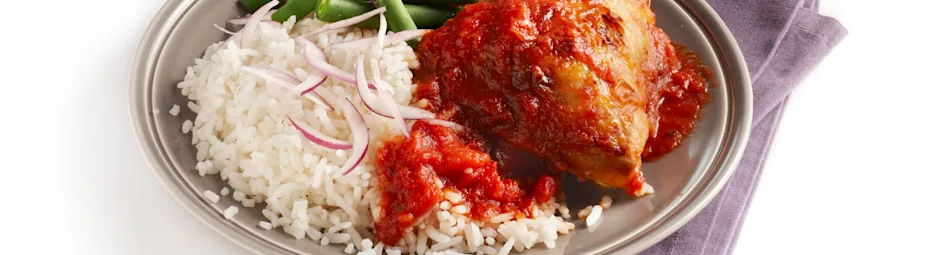 Kip piripiri met rijst en sperziebonen