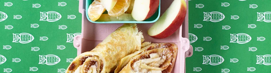 Tropisch pannenkoekrolletje (met fruitsalade en een dropketting)