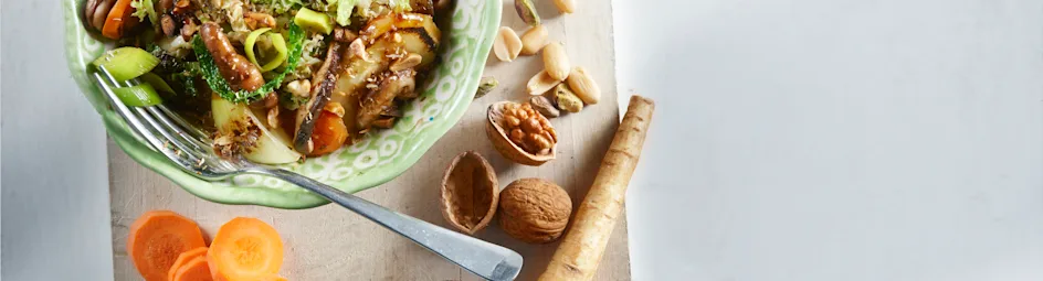 Knapperige wintergroenten met kokos-notencrunch