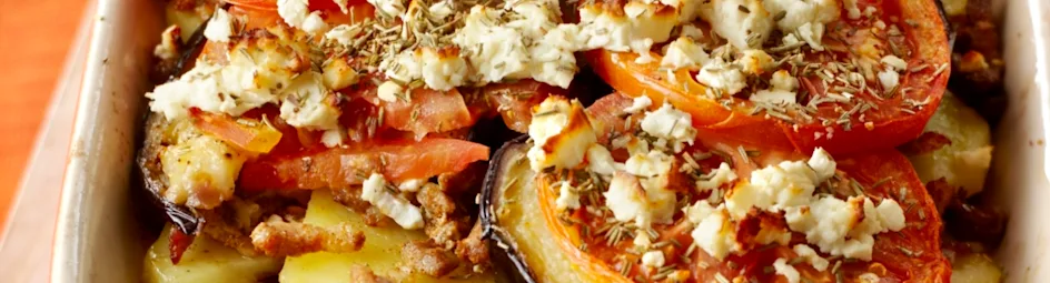 Ovenschotel met shoarma, aubergine en tomaat