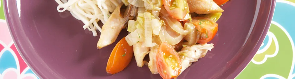 Gewokte witlof met kipreepjes en noedels