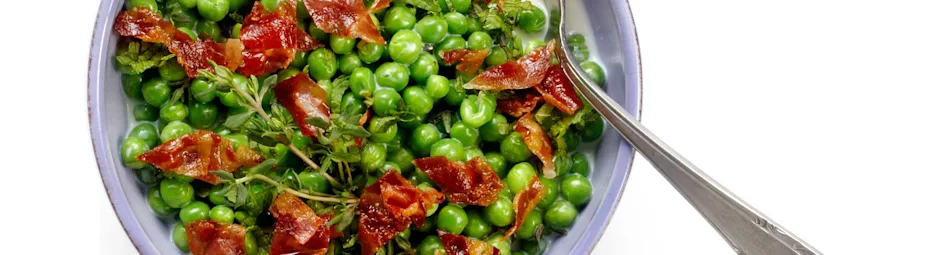 Doperwten met pancetta in tijmsaus