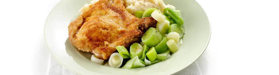 Gevulde karbonade met prei en puree