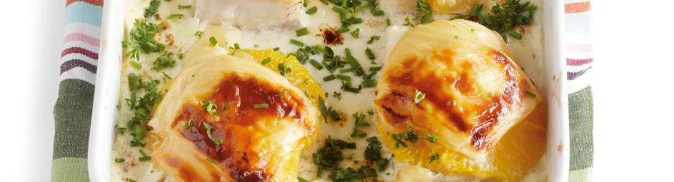 Vis uit de oven met sinaasappel en kaas